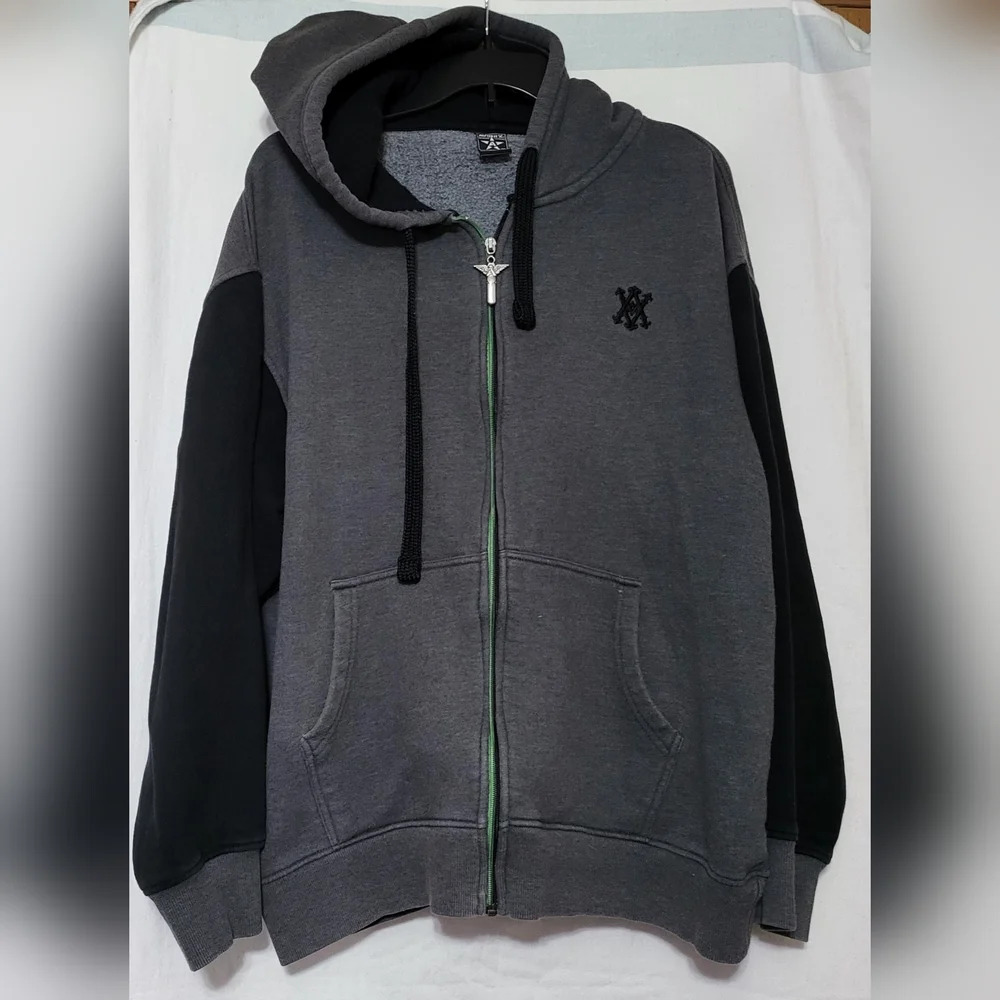 Avirex Men's Black and Grey Hooded Sweater, Size XL‎ Vintage